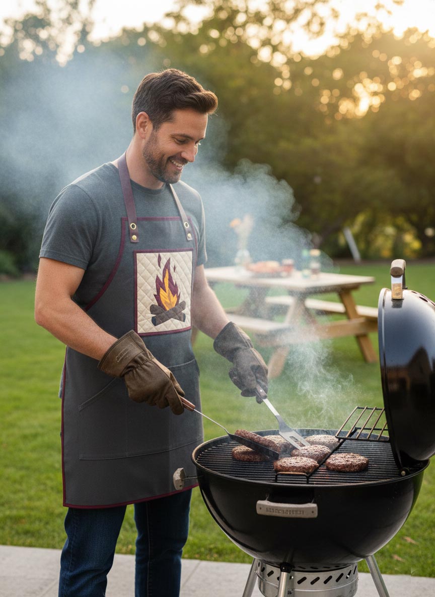 Campfire quilt block on Mens apron by Joe June and Mae