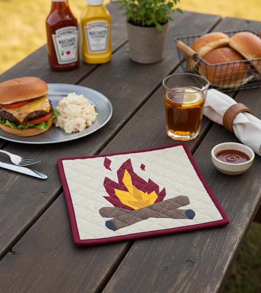 Campfire quilt block pattern Hot Pad / trivet by Joe June and Mae