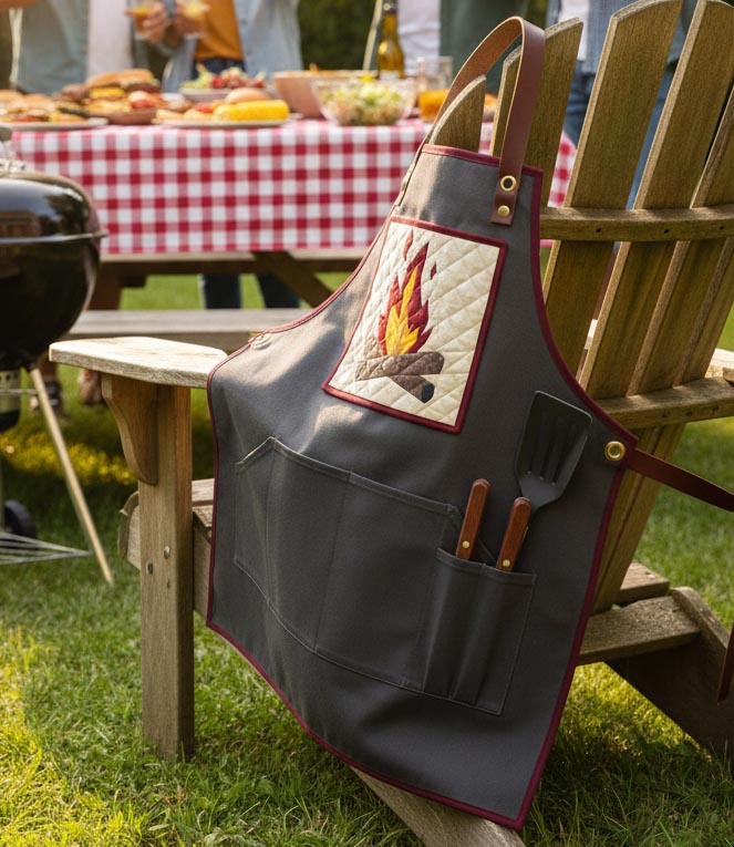 Campfire quilt block on Mens apron by Joe June and Mae