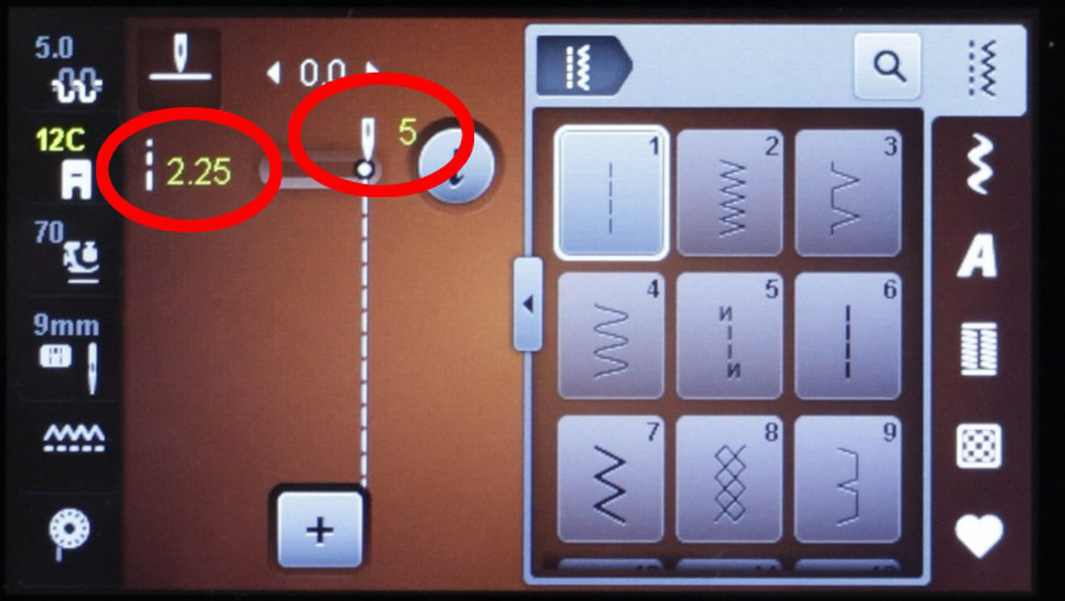 Display screen of sewing machine with stitch settings circled in red
