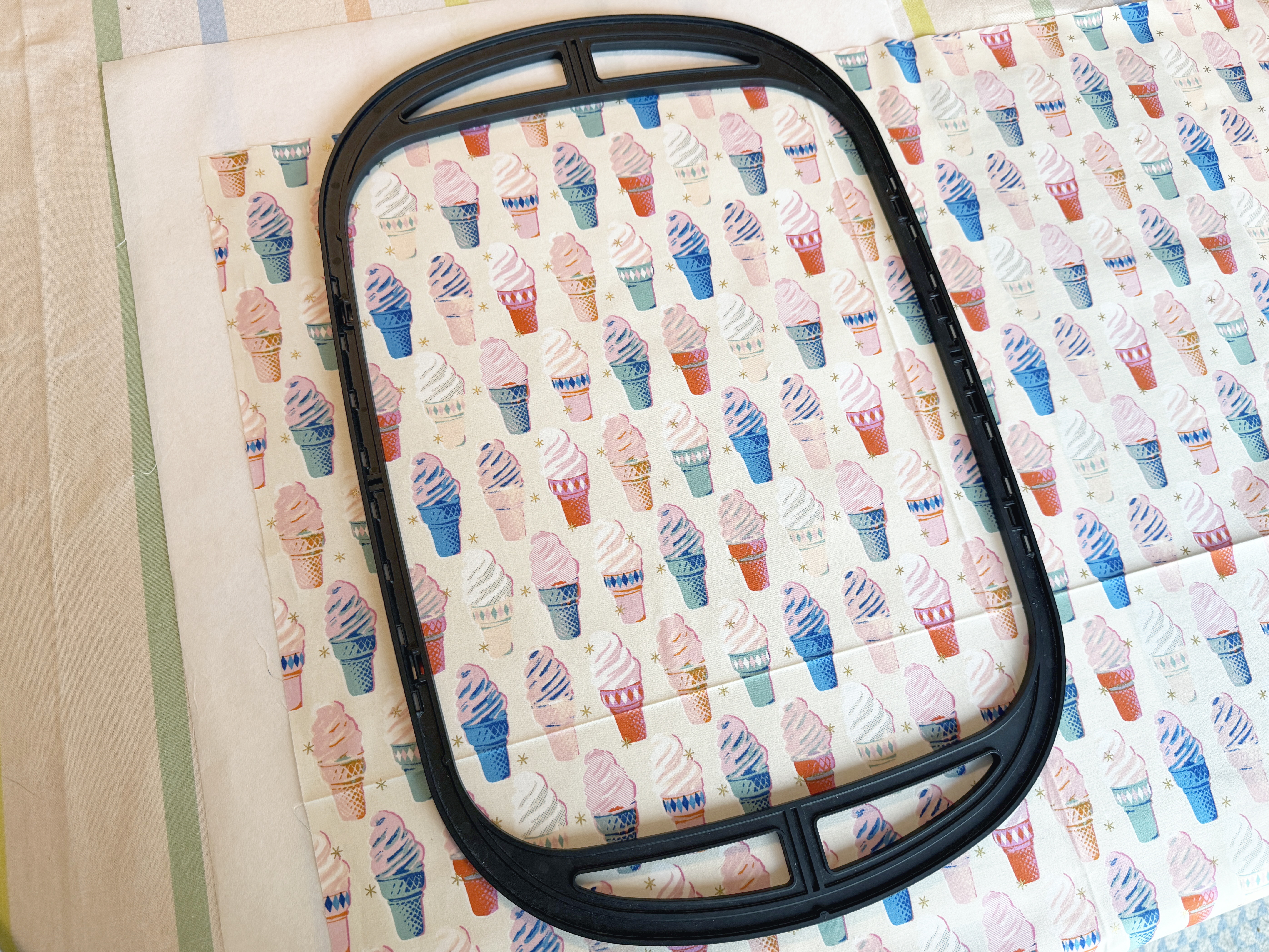 Hoop fabric and stabilizer in giant hoop