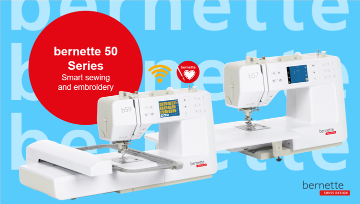 Two white sewing machines with touch screens on a cyan blue background. In a red bubble, text reads "bernette 50 Series, Smart sewing and embroidery"