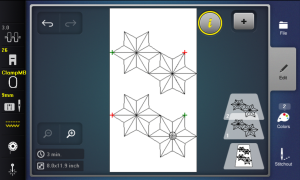 A screenshot of an embroidery machine user interface. It shows two identical quilting designs next to each other but with indicators showing differing start and end points.
