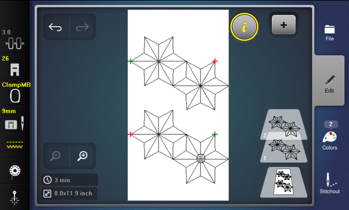 A screenshot of an embroidery machine user interface. It shows two identical quilting designs next to each other but with indicators showing differing start and end points.