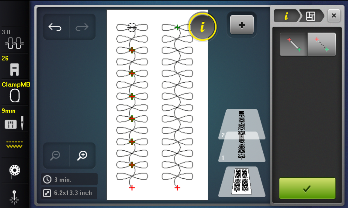 A screenshot of an embroidery machine user interface. It shows two identical quilting designs next to each other but one indicates many starts and stops within the design. The other has just one start and stop point.