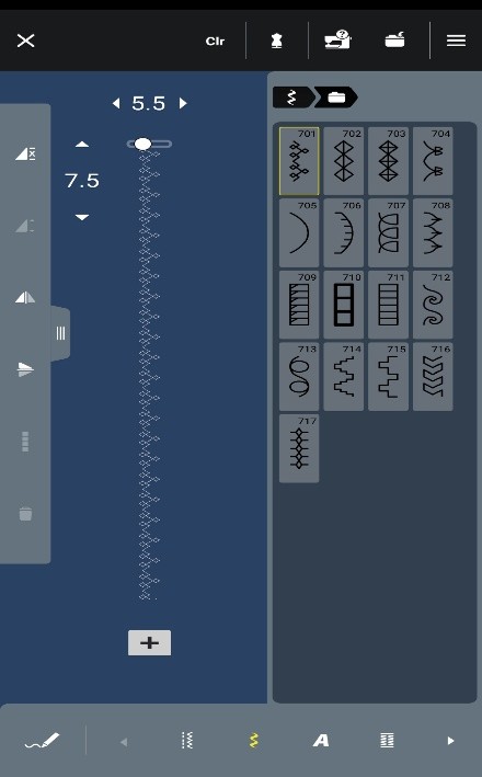 Screenshot of a mobile app used to operate a sewing machine. It shows a decorative sewing stitch and editing tools.