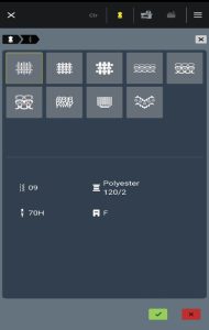 Screenshot of a mobile app used to operate a sewing machine. Rows of icons depict different types of fabric followed by suggestions for how to sew those fabrics.