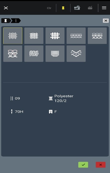 Screenshot of a mobile app used to operate a sewing machine. Rows of icons depict different types of fabric followed by suggestions for how to sew those fabrics.