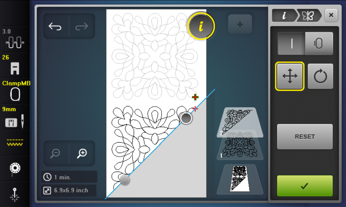 A screenshot of an embroidery machine user interface. It shows two identical quilting designs next to each other but one has been cropped in half.
