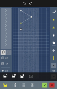 Screenshot of a mobile app used to operate a sewing machine. It displays a tool used to draw and edit decorative stitch patterns.