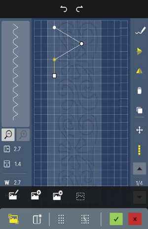 Screenshot of a mobile app used to operate a sewing machine. It displays a tool used to draw and edit decorative stitch patterns.
