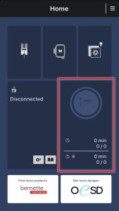 Screenshot of a mobile app used to operate a sewing machine. The Home page shows icons for modes of operation of the sewing machine and information about embroidery designs currently sewing out.