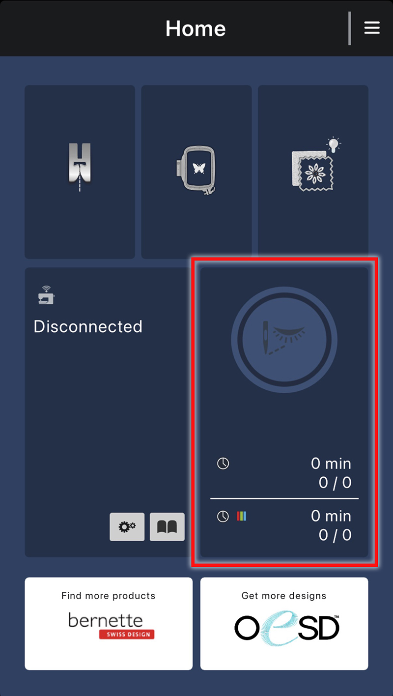 Screenshot of a mobile app used to operate a sewing machine. The Home page shows icons for modes of operation of the sewing machine and information about embroidery designs currently sewing out.