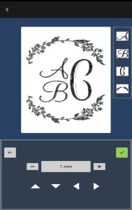 Screenshot of a mobile app used to operate a sewing machine. The editing screen shows the design process for a simple frame in the shape of a heart, made up of smaller linework hearts