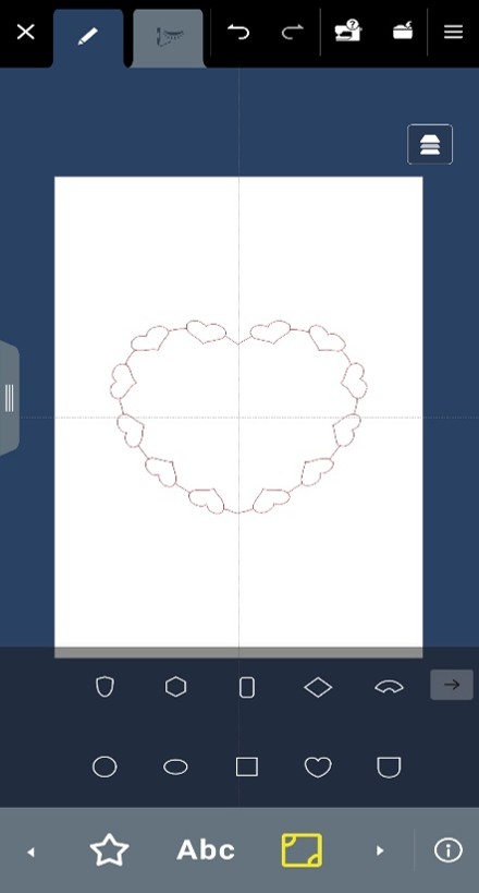 Screenshot of a mobile app used to operate a sewing machine. The editing screen shows the design process for a simple frame in the shape of a heart, made up of smaller linework 