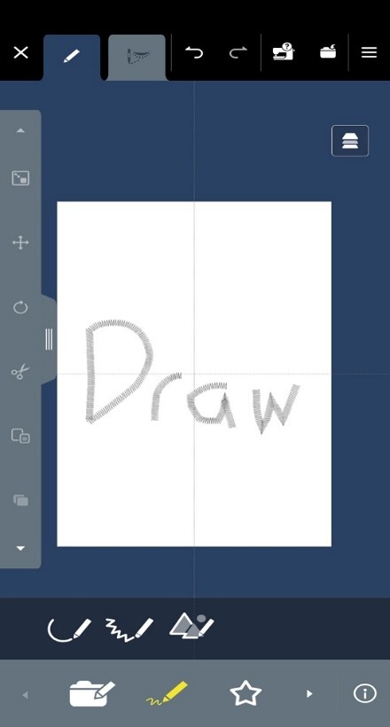 Screenshot of a mobile app used to operate a sewing machine. The editing screen shows the word "Draw" in a handwritten style, mocked up in a dense zigzag or satin stitch.