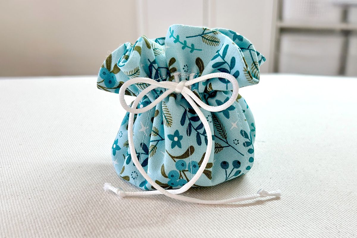 drawstring bag finished on table